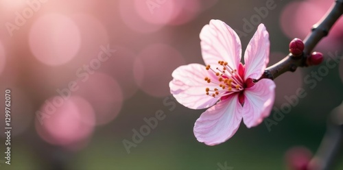 Wallpaper Mural Single cherry blossom bud with delicate pink and white colors against a natural background, nature, natural background Torontodigital.ca