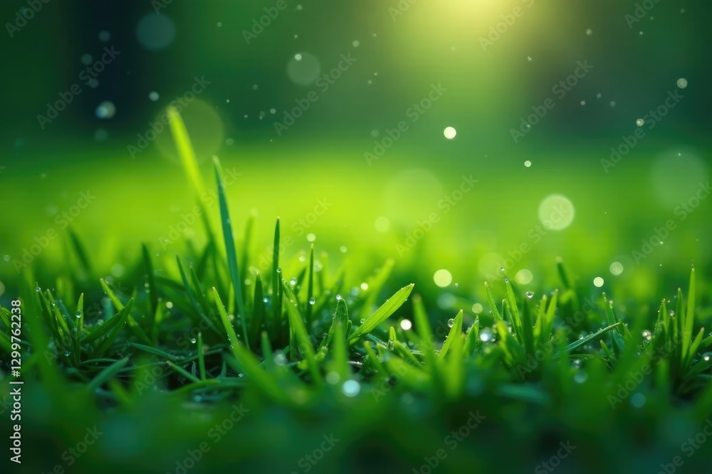 Luminous dew drops on a wet green grass surface, dew, shine Luminous dew drops on a wet green grass surface, dew, shine