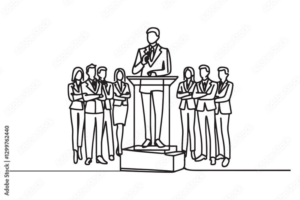 continuous one single black line art doodle drawing of business leader standing on a podium inspiring a team illustration on white background continuous one single black line art doodle drawing of business leader standing on a podium inspiring a team illustration on white background