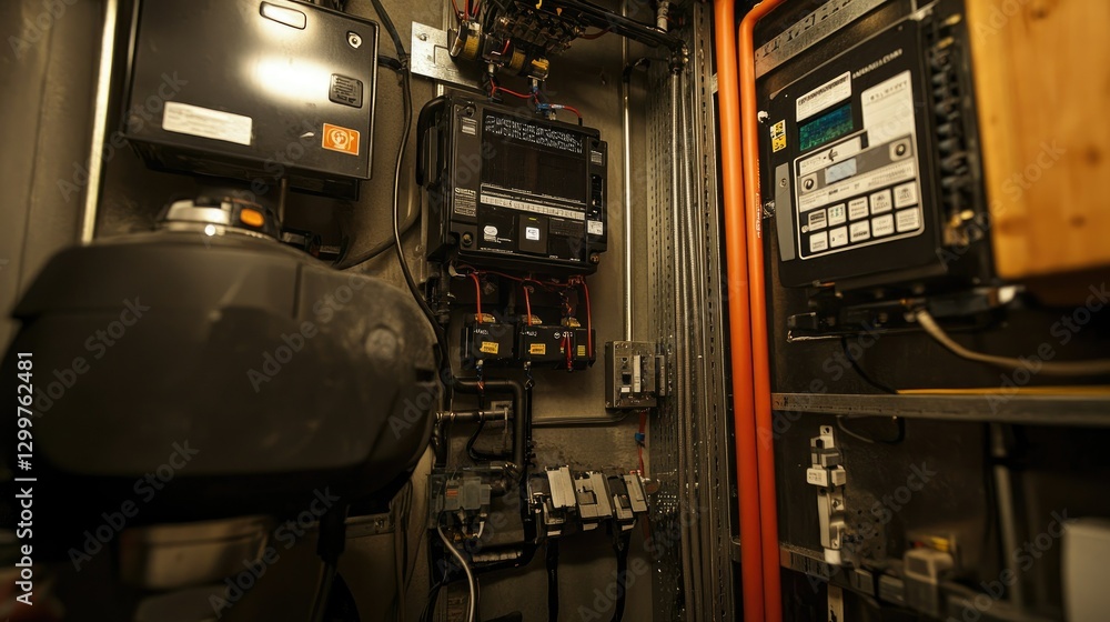 Residential clean energy setup with a solar inverter, smart meter, and electrical conduit system. Residential clean energy setup with a solar inverter, smart meter, and electrical conduit system.