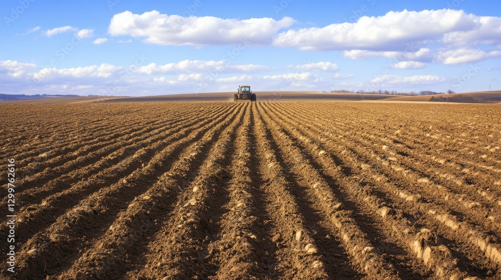 Rows of freshly plowed soil in a potato plantation, with a tractor working in the distance. Rows of freshly plowed soil in a potato plantation, with a tractor working in the distance.