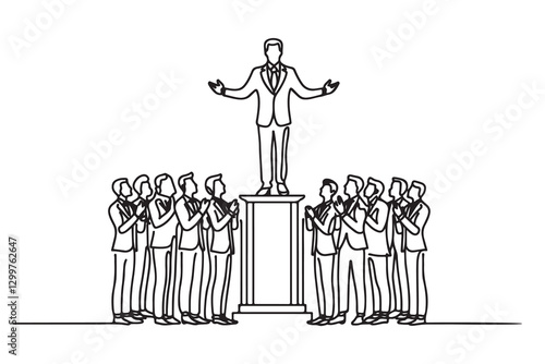 continuous one single black line art doodle drawing of business leader standing on a podium inspiring a team illustration on white background