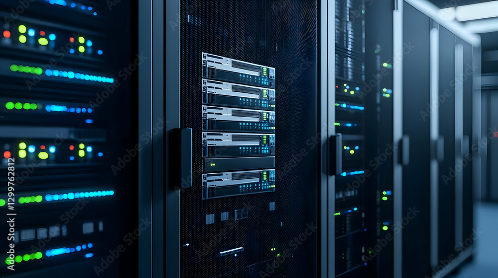 Row Of Dark Server Racks Lit With Blue And Green Lights In A Data Center Row Of Dark Server Racks Lit With Blue And Green Lights In A Data Center