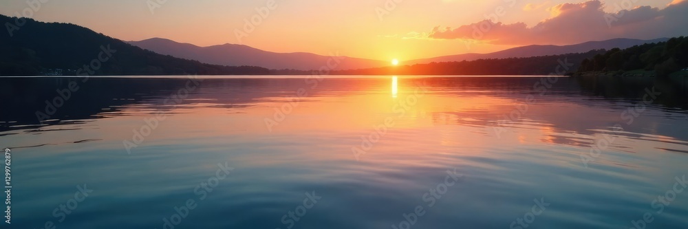 Fototapeta premium Gentle waves disturb the stillness of a mirror-like lake at sunset, serenity, reflection, water ripple