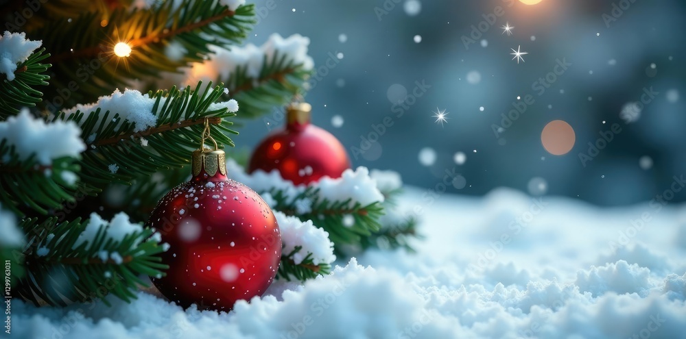 Gentle snowfall settles on a bed of fir branches with twinkling ornaments, decoration, twinkling Gentle snowfall settles on a bed of fir branches with twinkling ornaments, decoration, twinkling