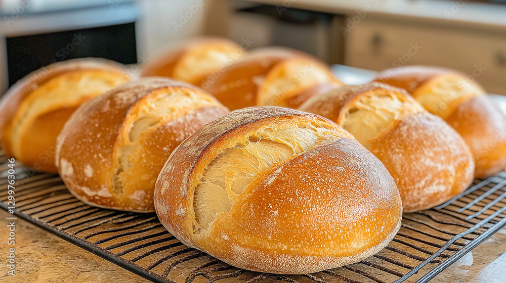Freshly baked rustic bread rolls cooling on a wire rack in a warm kitchen Freshly baked rustic bread rolls cooling on a wire rack in a warm kitchen