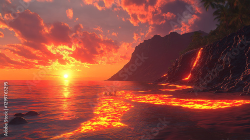 Molten lava cascades into the ocean creating a dramatic fusion of fire and water in nature