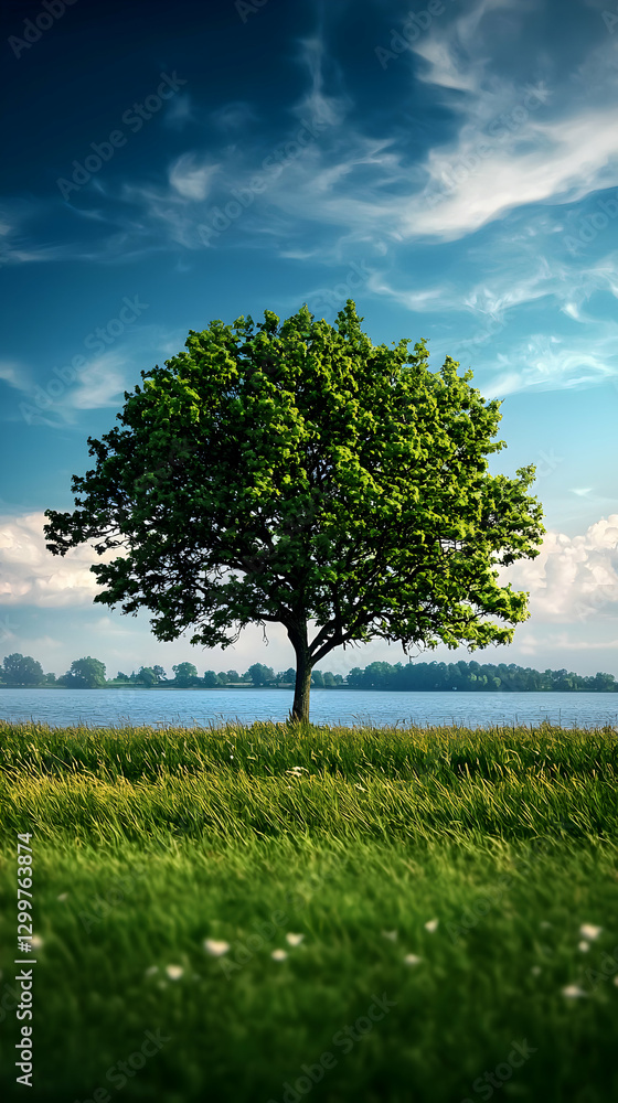 Obraz premium Single Green Tree in Lush Field by Calm Water Under a Blue Sky