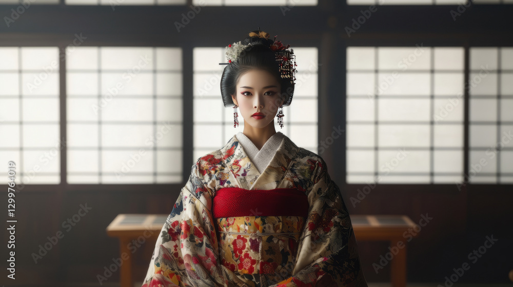 a geisha in traditional attire inside a traditional Japanese room. a geisha in traditional attire inside a traditional Japanese room.