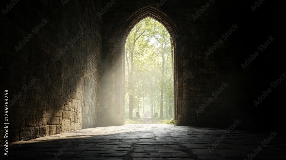 Fototapeta premium an arched doorway opens to a sunlit forest.