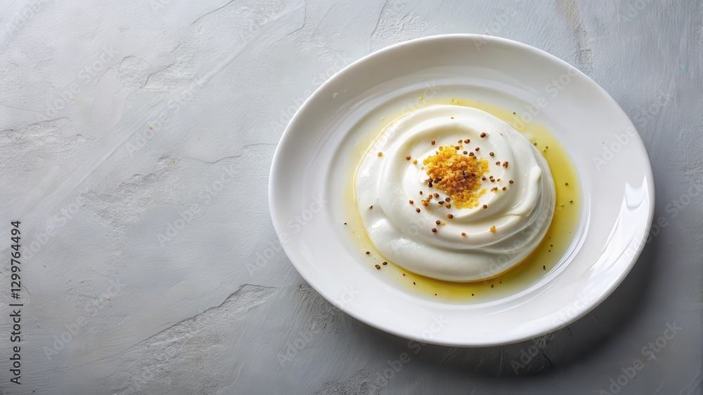 Creamy Swirl of Yogurt with Golden Garnish on a Pristine White Plate Creamy Swirl of Yogurt with Golden Garnish on a Pristine White Plate