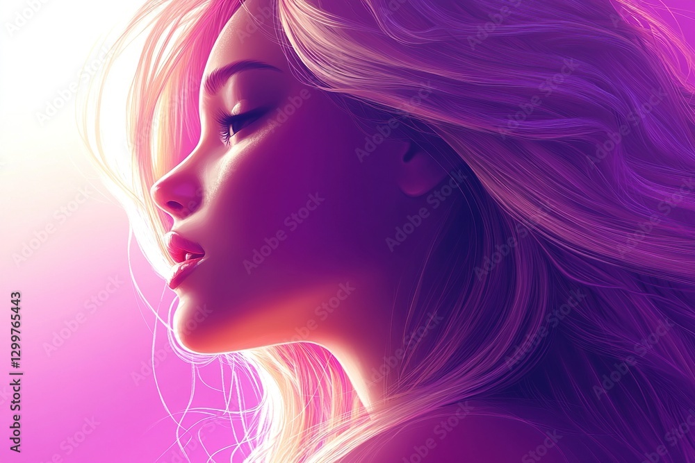 Profile Portrait of a Woman with Long Blonde Hair in Soft Purple and Pink Lighting Profile Portrait of a Woman with Long Blonde Hair in Soft Purple and Pink Lighting