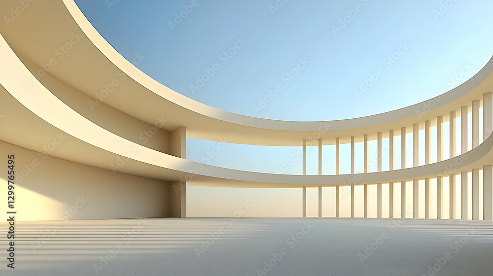 Obraz premium Modern Architectural Interior With Curved Walls Windows and Blue Sky