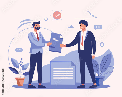 Business Agreement Concept with Handshake and Signed Document in Background – Vector Illustration