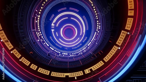 Futuristic Digital Interface with Glowing Circular Patterns and Vibrant Colors Abstract Technology with Neon Lights and Intricate Design Suggesting Advanced Innovation in Sci Fi Atmosphere