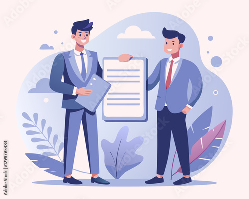 Business Agreement Concept with Two Businessmen Holding Signed Contract – Vector Illustration