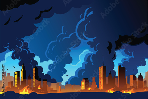 A fiery cityscape engulfed in ominous smoke, dark and apocalyptic skyline at night; dramatic, detailed illustration.