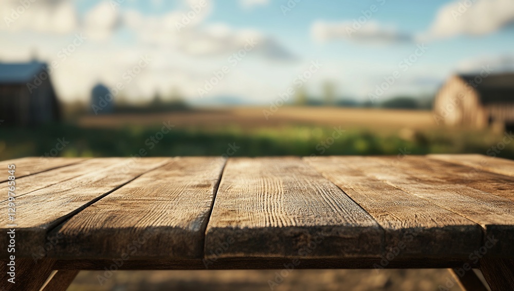 Fototapeta premium Rustic Wooden Table in a Sunny Farm Setting