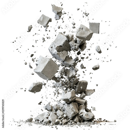 Concrete Debris Falling in a Dramatic Explosion Against Black Background