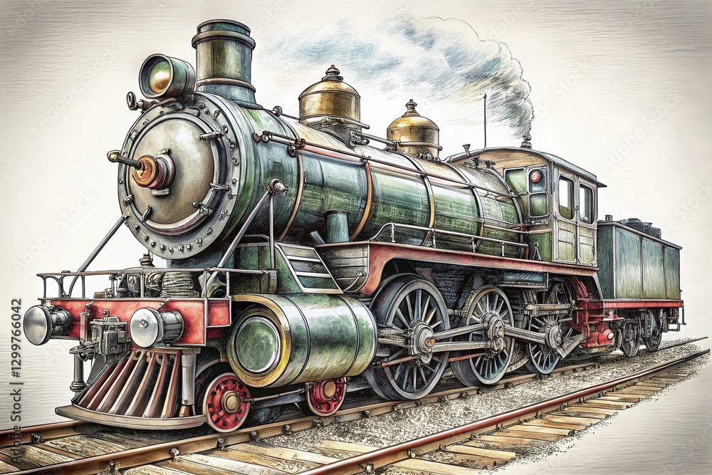 Fototapeta premium Vintage Train Coloring Book Page: Detailed Steam Locomotive Illustration