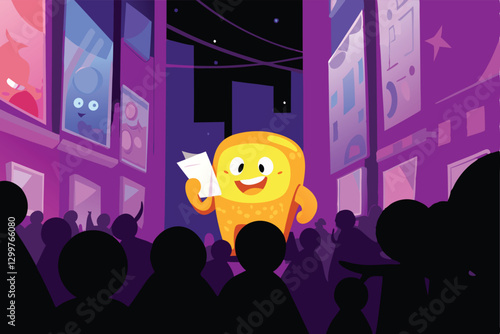 A friendly, colorful monster distributes flyers on a bustling city street, showcasing cheerful energy.