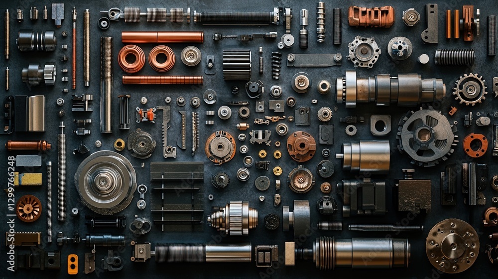 Mechanical Parts Arrangement: A meticulous arrangement of mechanical parts, highlighting design precision and the intricate engineering involved in manufacturing and assembly. Mechanical Parts Arrangement: A meticulous arrangement of mechanical parts, highlighting design precision and the intricate engineering involved in manufacturing and assembly.