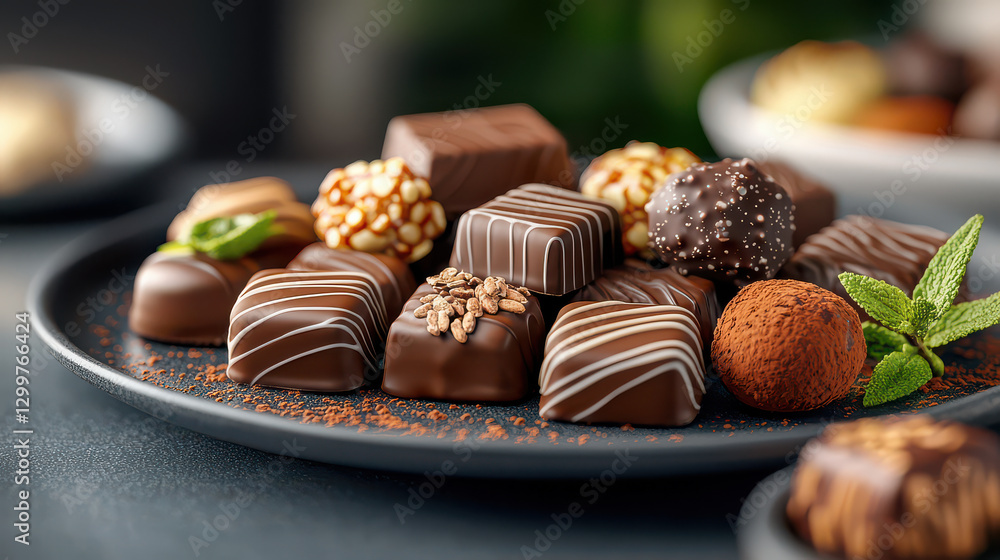 variety of artisanal chocolates and truffles are elegantly arranged dark plate, showcasing intricate designs and textures. assortment includes chocolates with drizzled patterns, nut toppings variety of artisanal chocolates and truffles are elegantly arranged dark plate, showcasing intricate designs and textures. assortment includes chocolates with drizzled patterns, nut toppings