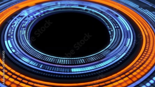 Futuristic Digital Interface with Concentric Circles and Glowing Elements Creates Dynamic High Tech Visual Effect Featuring Circular Pattern of Blue and Orange Glowing Dots Suggesting Advanced
