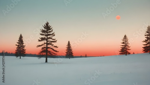 winter, landscape, snow, trees, pine, sunset, twilight, serene, tranquil, forest, pastel, gradient, sky, moon, soft, calm, peaceful, scenic, nature, atmospheric, elegant, artistic, minimalist, aesthet
