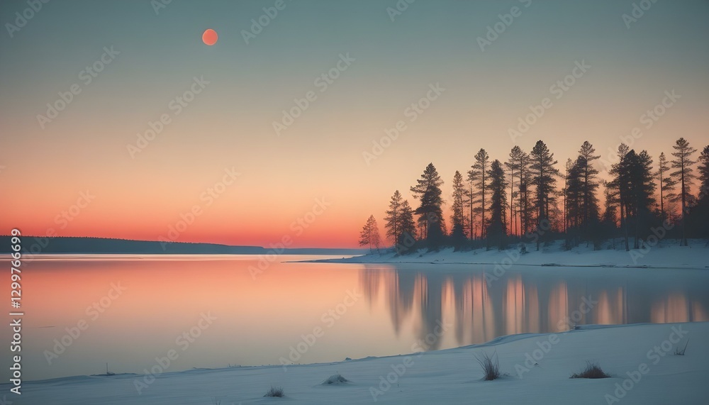 Obraz premium winter, landscape, snow, trees, pine, sunset, twilight, serene, tranquil, forest, pastel, gradient, sky, moon, soft, calm, peaceful, scenic, nature, atmospheric, elegant, artistic, minimalist, aesthet