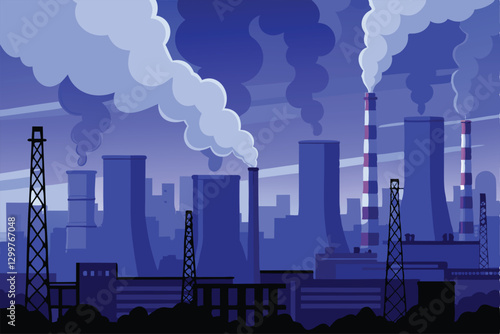A gritty cityscape shrouded in smog, dominated by tall industrial chimneys belching dark smoke.  Depict a sense of pollution and urban decay.