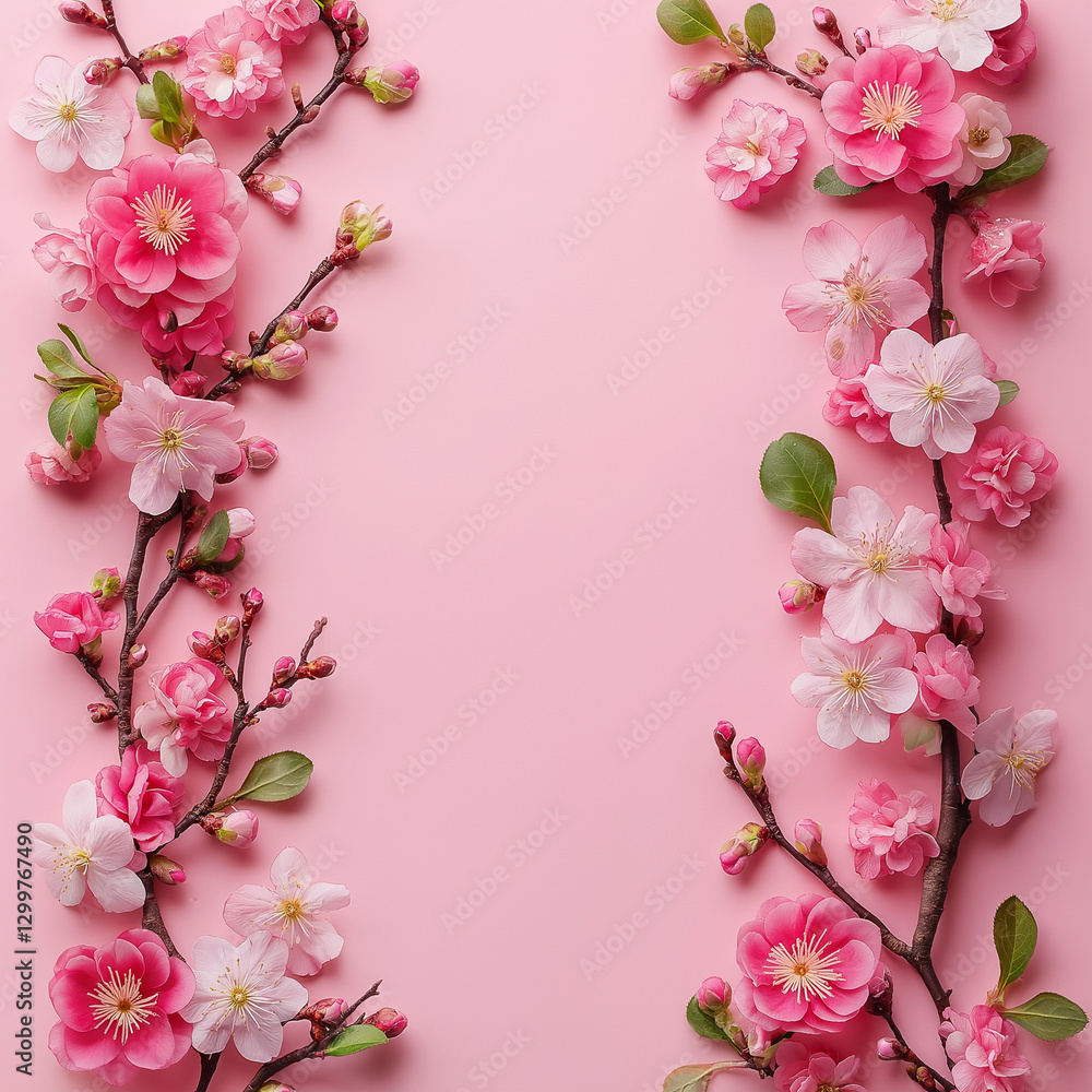 A vibrant design featuring a border of colourful flowers around a soft pink background, ideal for business, marketing and invitations A vibrant design featuring a border of colourful flowers around a soft pink background, ideal for business, marketing and invitations