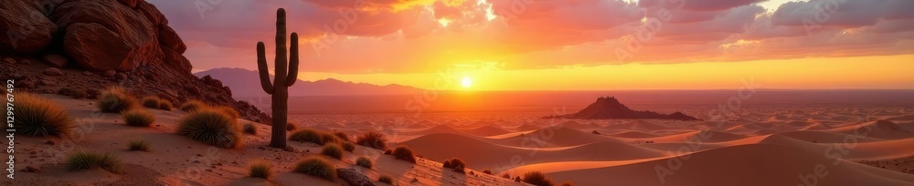 Obraz premium Desert landscape with cacti and sandy dunes at sunrise, rock, dawn, sunlight