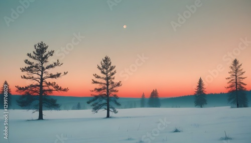 winter, landscape, snow, trees, pine, sunset, twilight, serene, tranquil, forest, pastel, gradient, sky, moon, soft, calm, peaceful, scenic, nature, atmospheric, elegant, artistic, minimalist, aesthet