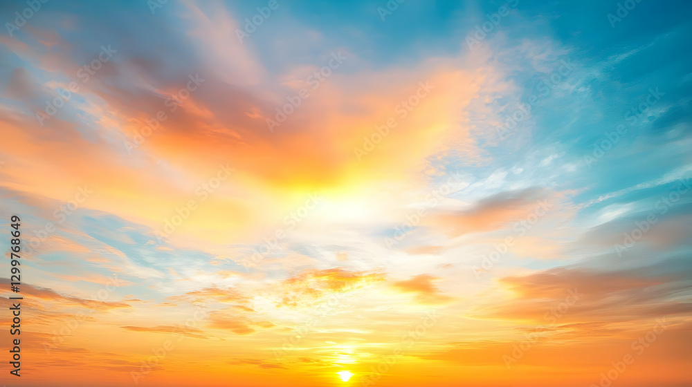 Fototapeta premium Vibrant Sunset Sky With Orange And Blue Hues Above Horizon With Golden Sunlight And Dramatic Clouds