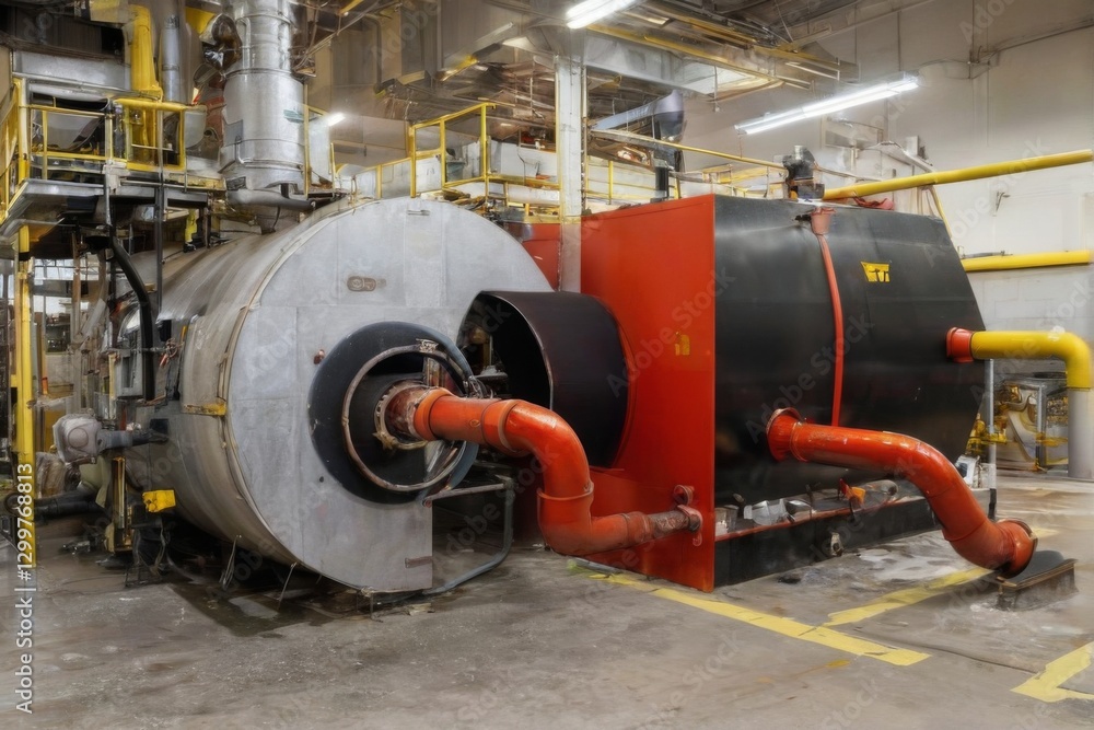 Fototapeta premium Industrial Stainless Steel Machine Inside Factory Surrounded by Pipes and Valves in High Ceiling Workshop Setting