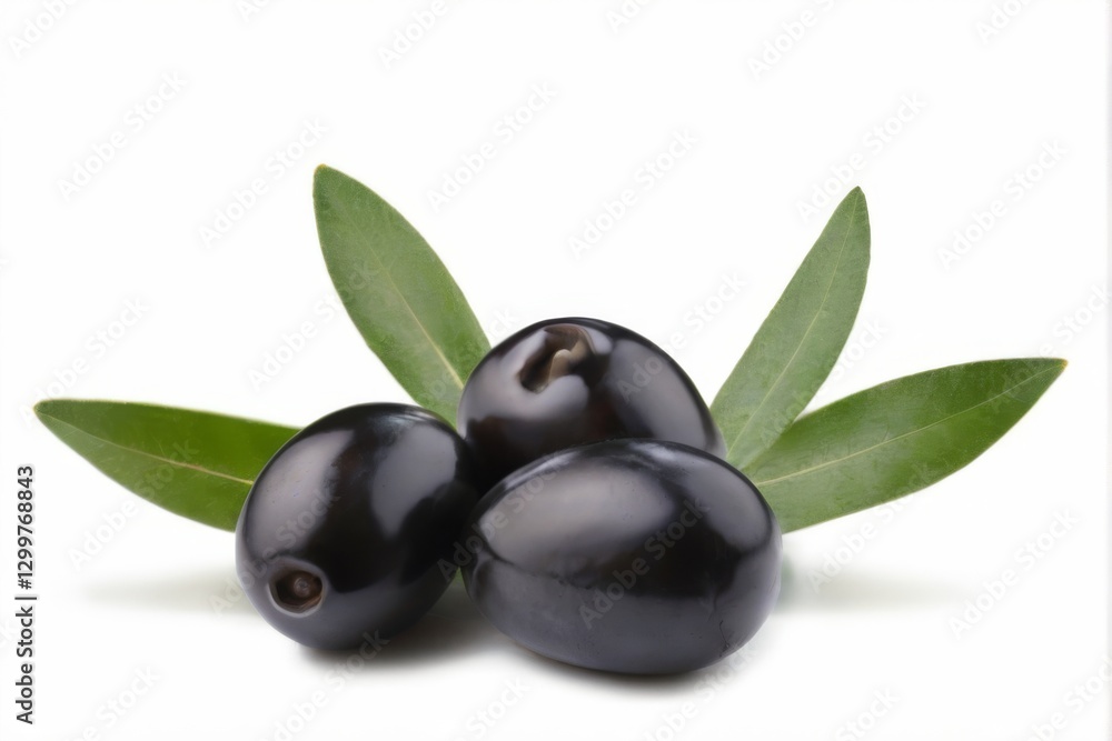 Three plump black olives with glossy texture and leaves on white background in triangular arrangement. Three plump black olives with glossy texture and leaves on white background in triangular arrangement.