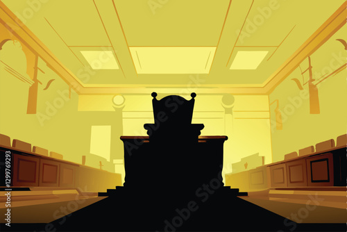 A dimly lit courtroom with imposing, high oppressive ceilings and a judge's bench, emphasizing the feeling of power imbalance.