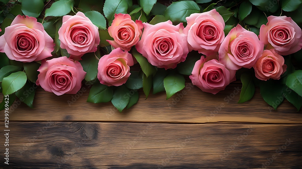 Pink roses on wood with green leaves above Pink roses on wood with green leaves above