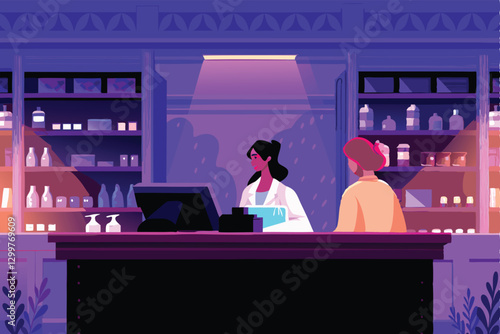 A warm, inviting pharmacy counter bathed in soft, golden light, showcasing neatly organized shelves stocked with medicine and health products.