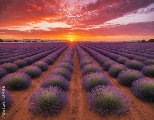 Endless Lavender Fields Stretching to the Horizon at Sunset