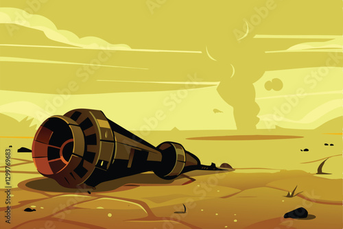 A crashed alien spaceship lies broken in a desolate, rusty red wasteland, with a single, giant, bioluminescent mushroom nearby.