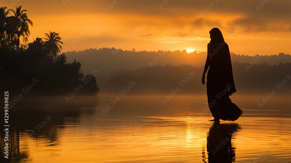 Fototapeta premium Woman in saree silhouetted at sunrise over calm water.