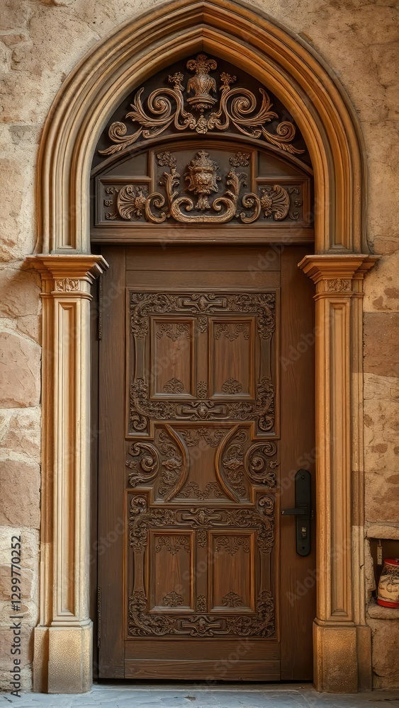 Ancient wooden door with intricate carvings in a ruined church, brown, worn Ancient wooden door with intricate carvings in a ruined church, brown, worn