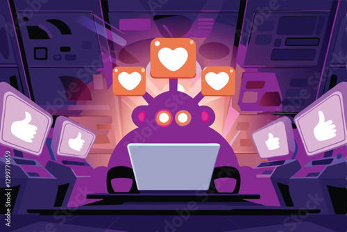 A whimsical, friendly monster diligently works on a laptop amidst scattered papers and books.  Its vibrant, expressive design contrasts with the technological setting.