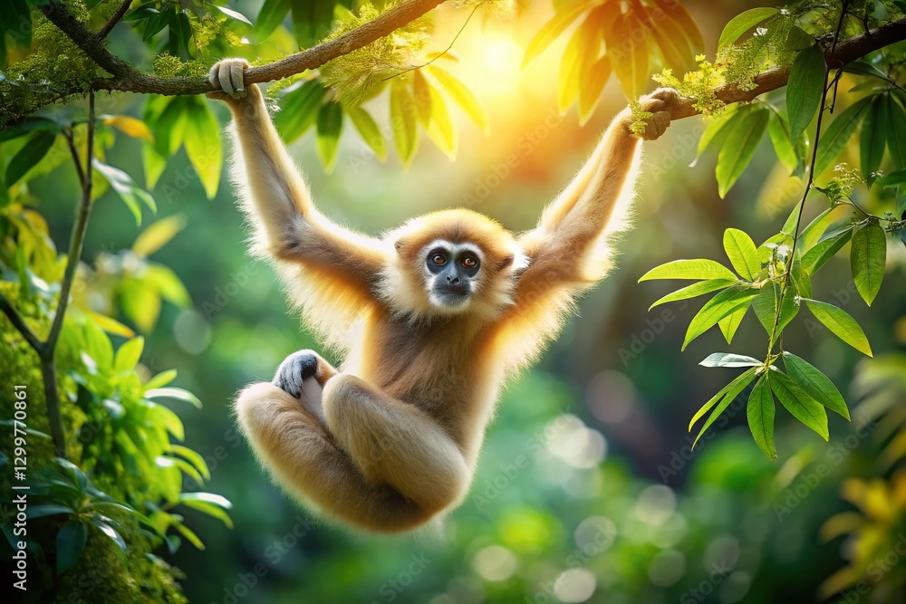Fototapeta premium White-Cheeked Gibbon Hanging on Tree Branch, Bokeh Background, Wildlife Photography
