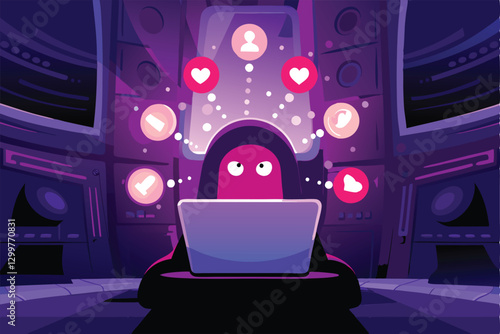 A whimsical, friendly monster diligently working on a laptop, surrounded by swirling 's' shapes, suggesting speed and creativity.