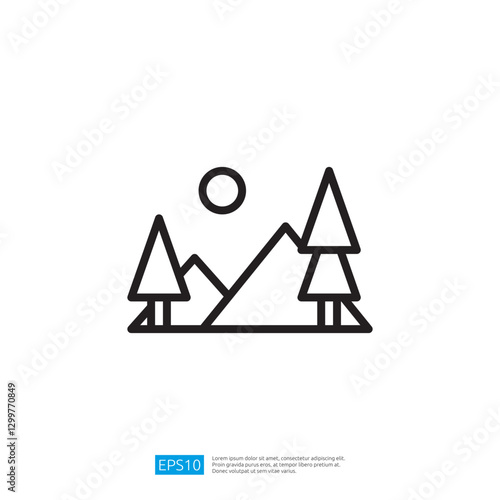 Minimalist icon depicting mountains with geometric trees under a bright sun surrounded by a serene landscape showcasing natural beauty and tranquility in a creative design