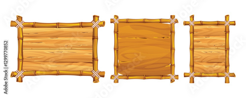 Collection of bamboo frames with wooden backgrounds in different shapes, including rectangular and square. Vector cartoon illustration