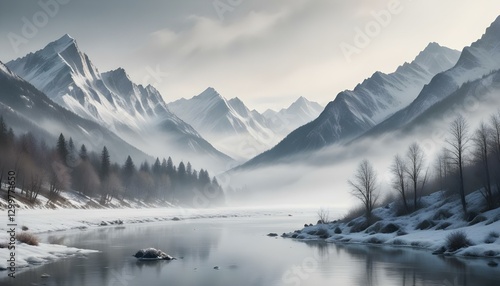 Wallpaper Mural mountains, snow, winter, landscape, mist, fog, serene, tranquil, scenic, frozen, icy, cold, peaceful, nature, wilderness, majestic, ethereal, atmospheric, dramatic, alpine, valley, river, lake,  Torontodigital.ca